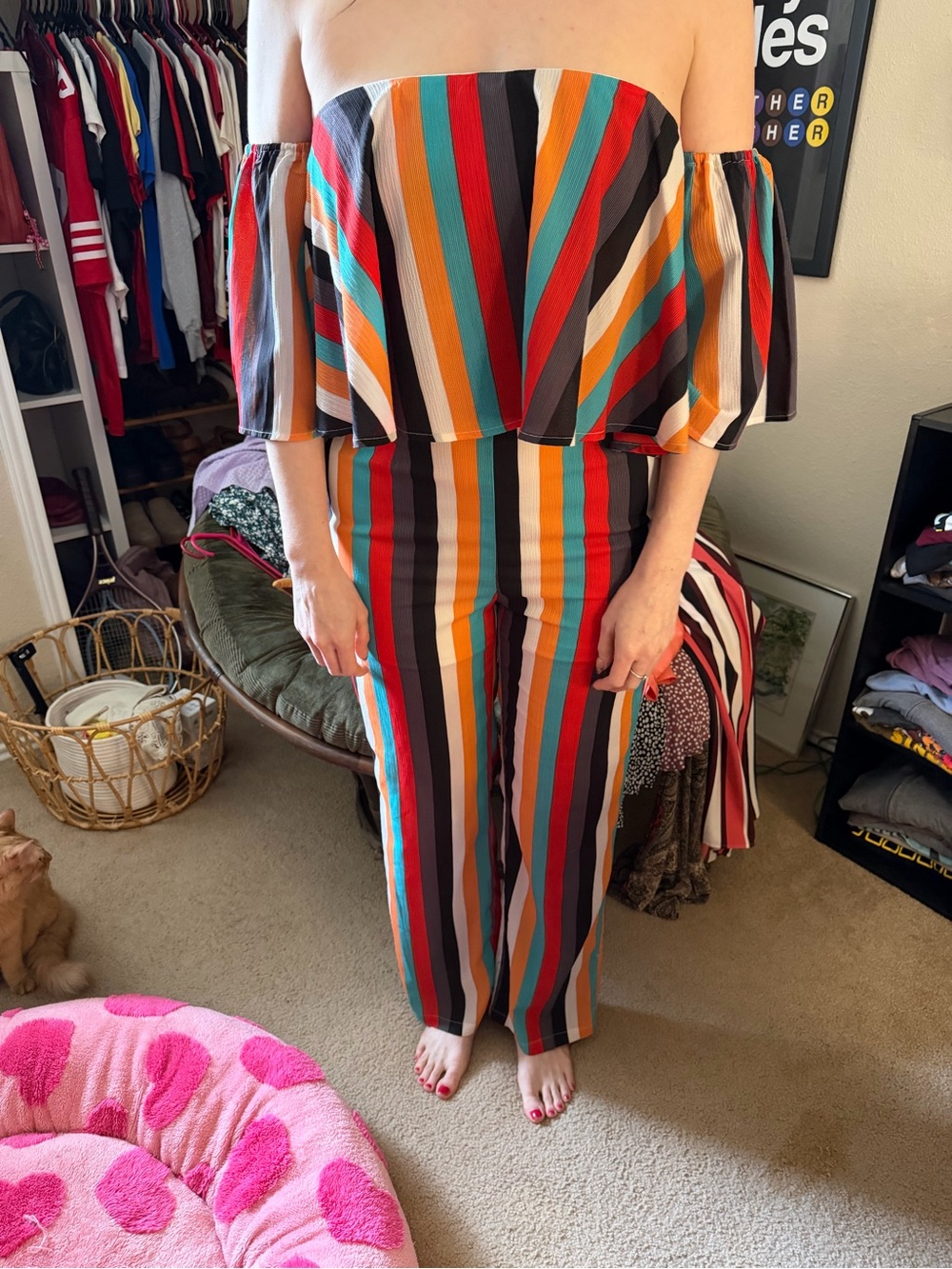 Striped Off-Shoulder Jumpsuit in Multicolor